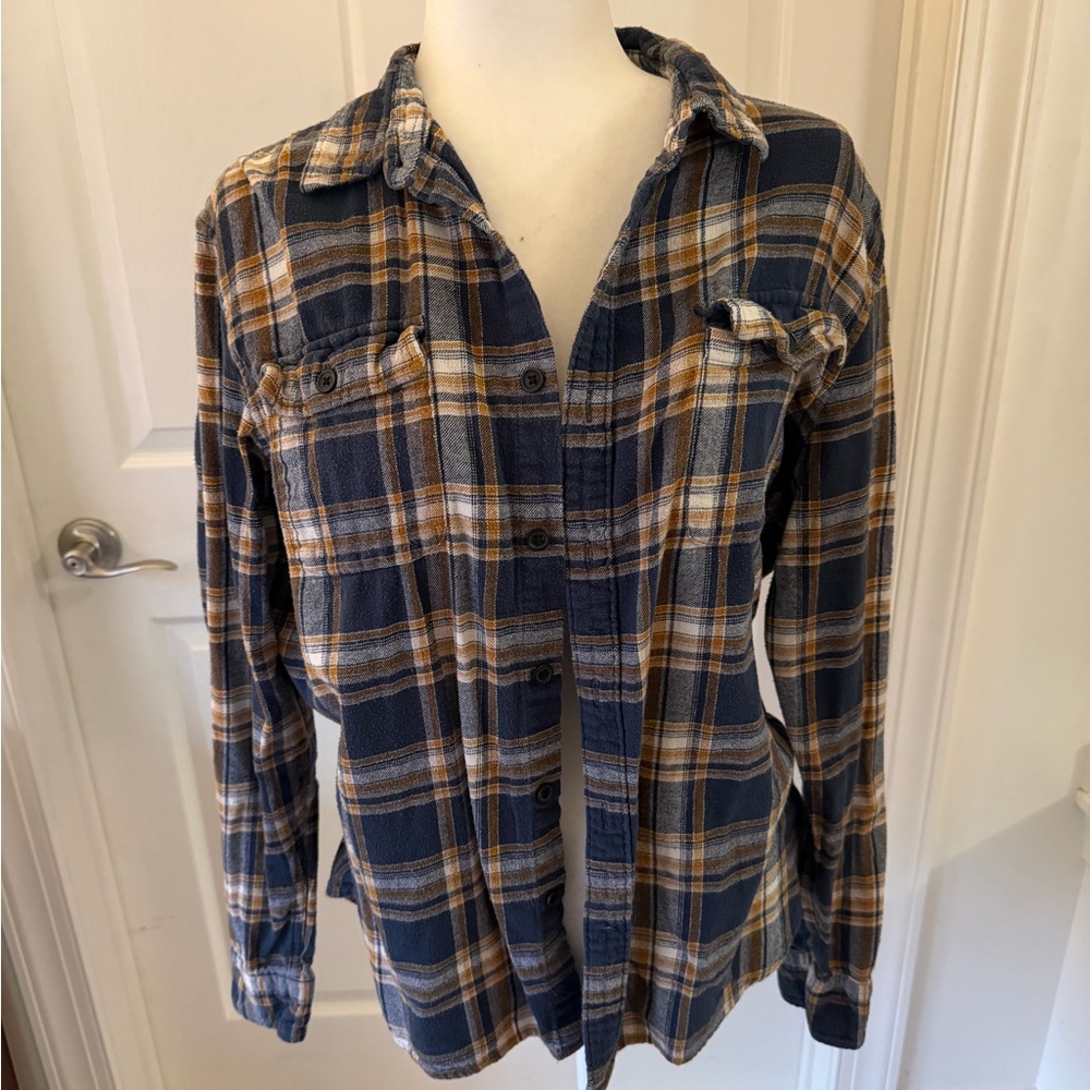 Lucky Brand Navy and Tan Plaid Shirt